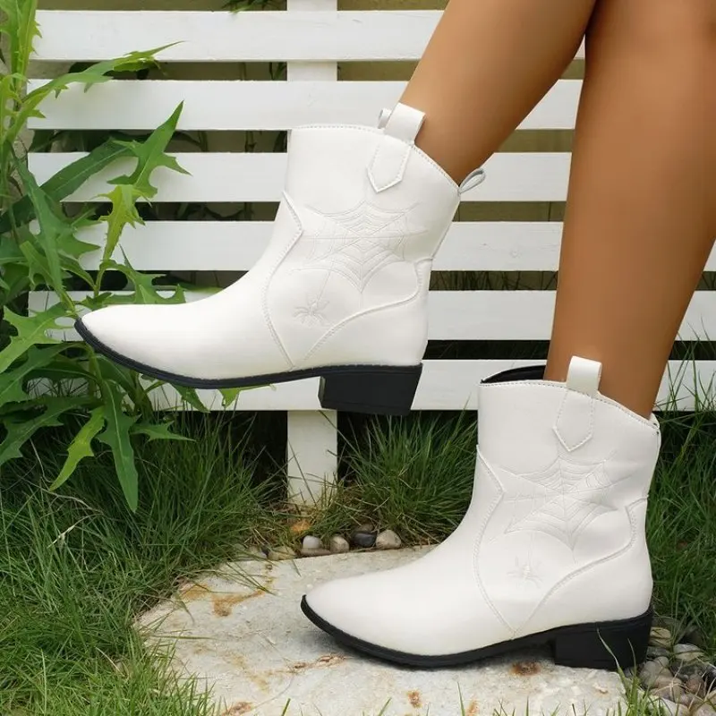 Brand New Embroider 2024 Autumn Winter Western Mid Calf Boots Women Chunky Heels Vintage Cowgirl Cowboy Boots Retro Shoes Woman