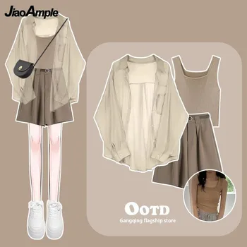 Women's Tracksuit Suit 2026 Summer New Casual Sunscreen Shirt Top Vest Shorts Three Piece Korean Chic Blouse Pants Matching Set 1