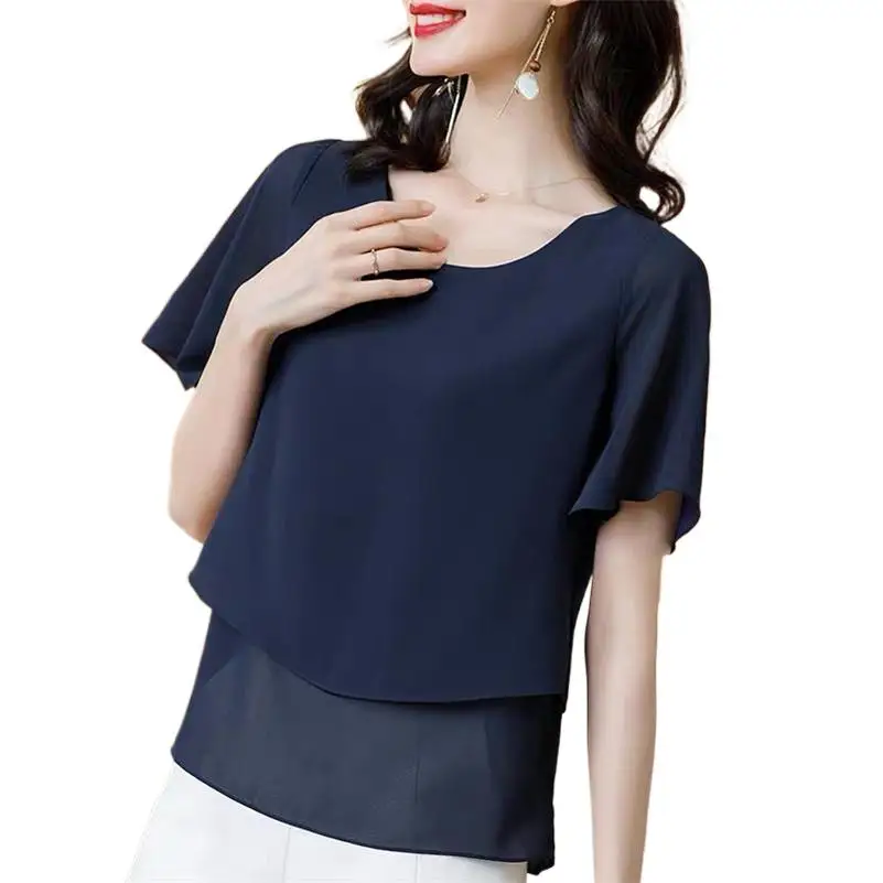 

Women Solid Chiffon Blouses Summer Short Sleeves Elegant Shirt Work Top Casual Loose All-Match shirts