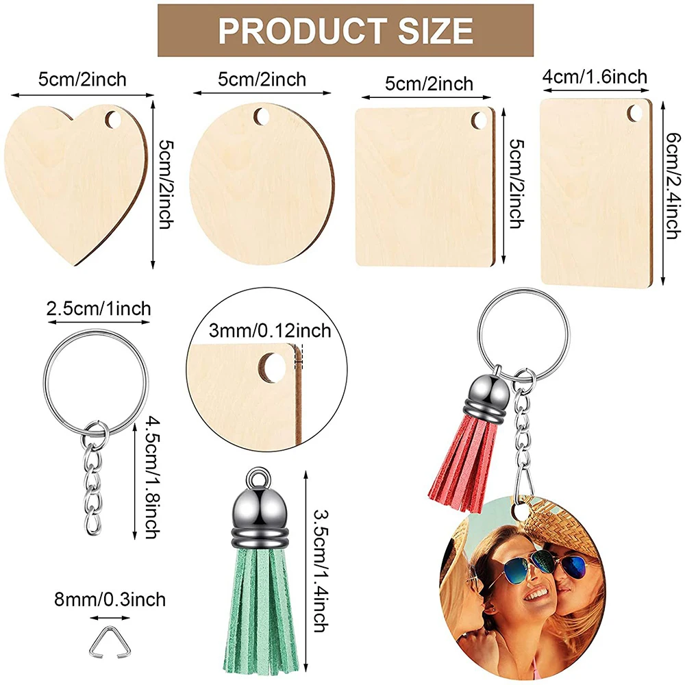 160Pcs Sublimation Blank Keychain Unfinished Wood Keychains Key Ring Jump Ring Tassels for Ornament Making DIY Art Craft Supplie