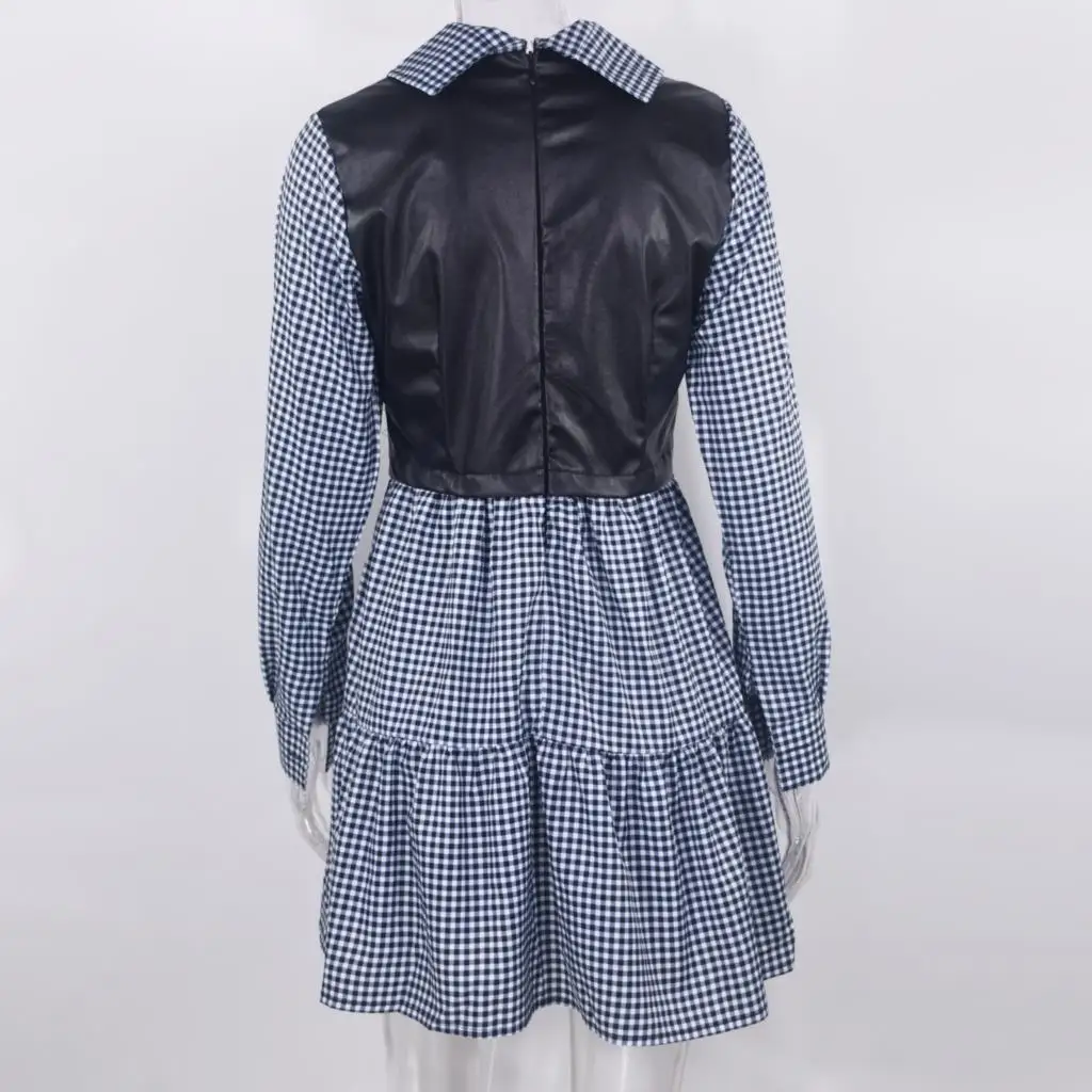 Plaid Shirt Casual Vestidos Long Sleeve White Short Dress For Women Summer PU Leather Patchwork Sweet Office Ladies Mini Dresses