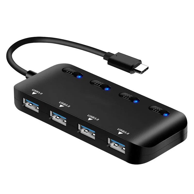 High-Speed 4-Port USB 3.0 Type C Hub with Built-In Switch and Card Reader
