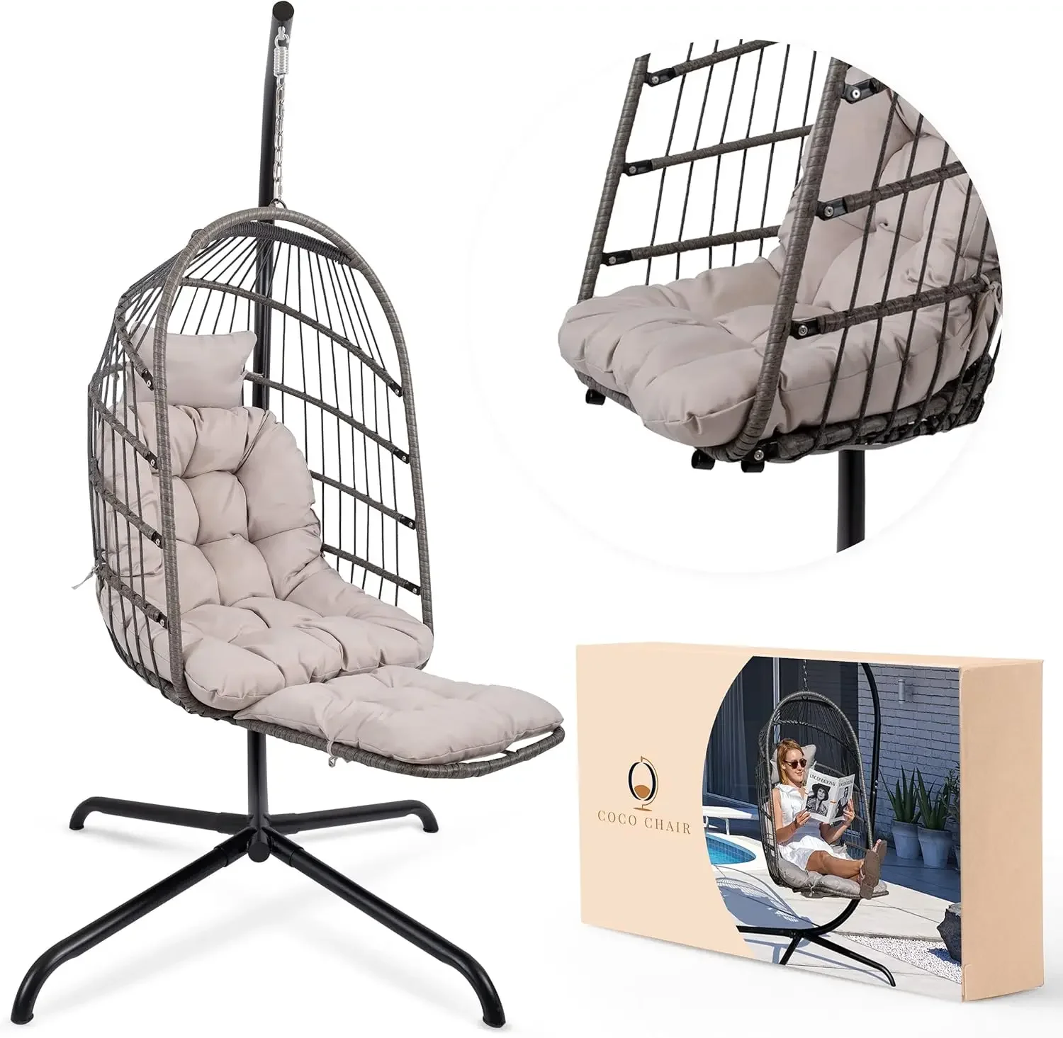 NEW-Hanging Egg Chair with Stand & Leg Rest | Gray Egg Chair Outdoor with Included Pillow | Swinging Chair for Outdoor and Indoo