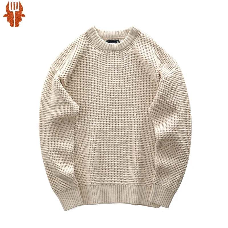 

Vintage Waffle Knitted Sweater Men Autumn Winter New Thick Khaki Round Neck Loose Long Sleeve Retro Casual Pullover Tops