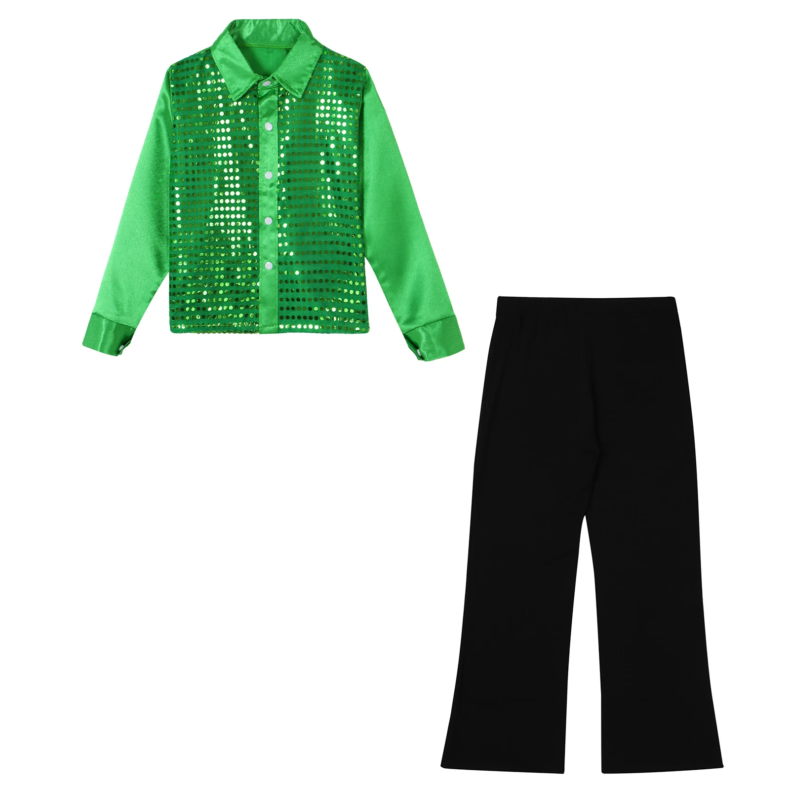 Kinder-Jungen-Jazz-Tanz-Bühnenoutfits, Hip-Hop-Kostüm, langärmliges, glitzerndes Paillettenhemd mit Knöpfen und Hose – Detail 20