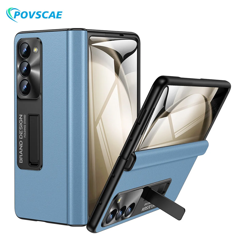 Phone Case For Samsung Galaxy Z Fold 4 Magnetic Hinge Protection Z Fold 5 Genuine Leather Shockproof Cover With Screen Protector