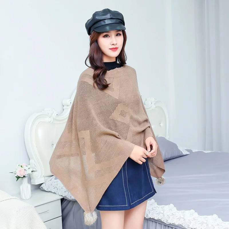 

2022 Spring Autumn Shawl Poncho Cape Irregular Sweater Pullover Outside Wide Pine Wool Ball Jacket Fashion Sunscreen Khaki