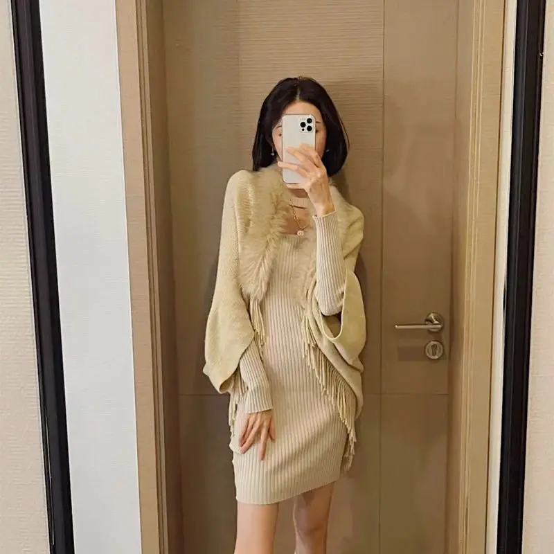 Knitted Shawl Fur Collar Coat Autumn and Winter Large Size Loose Warm Cloak Wool Coat Winter 2023 Shawl for Women Elegance Wear