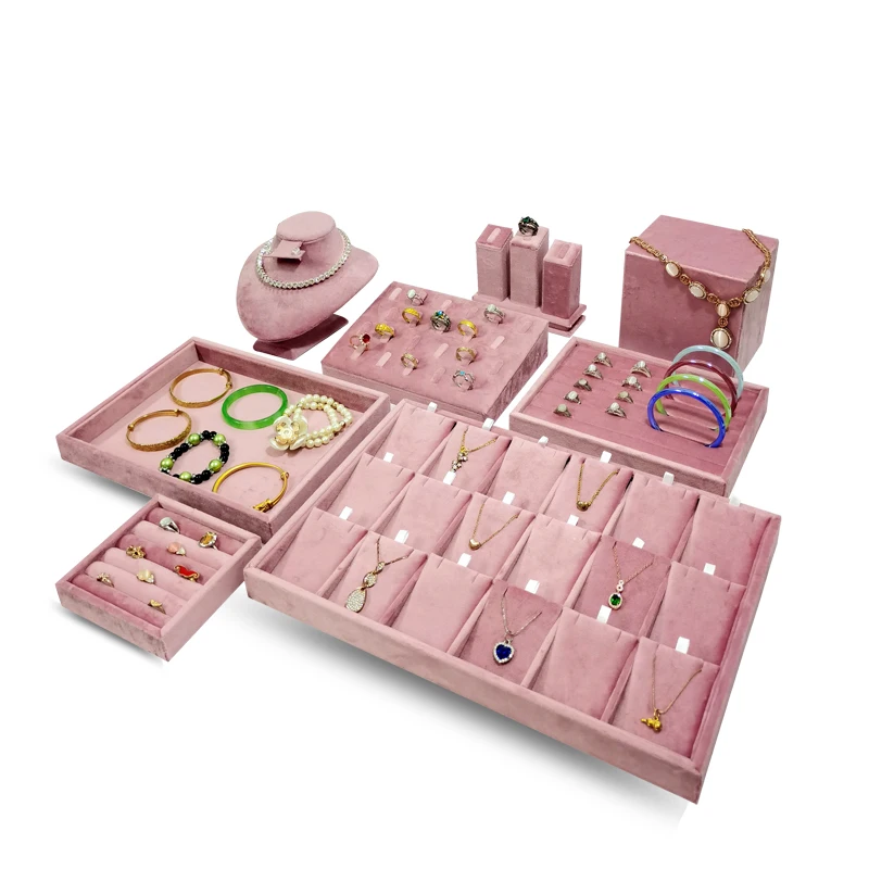 High End Pink Velvet Jewelry Display Props Ring Earrings Holder Necklace Bracelet Tray Organizer Jewelry Store Window Display