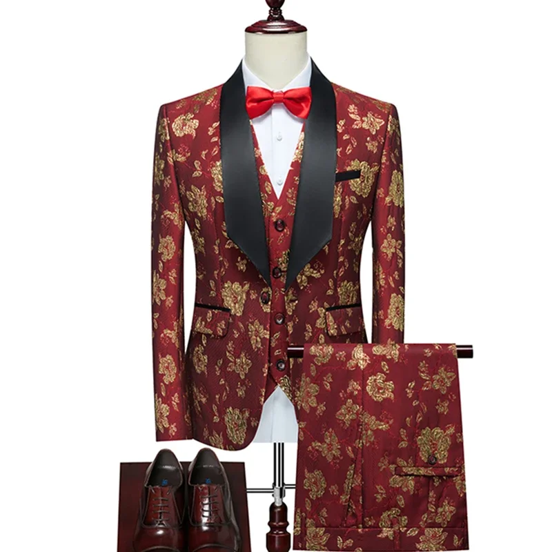 

2023 Fashion New Men's Boutique Business Host Wedding Suit Three Piece Set / Male Print Hot Stamping Blazers Jacket Pants Vest