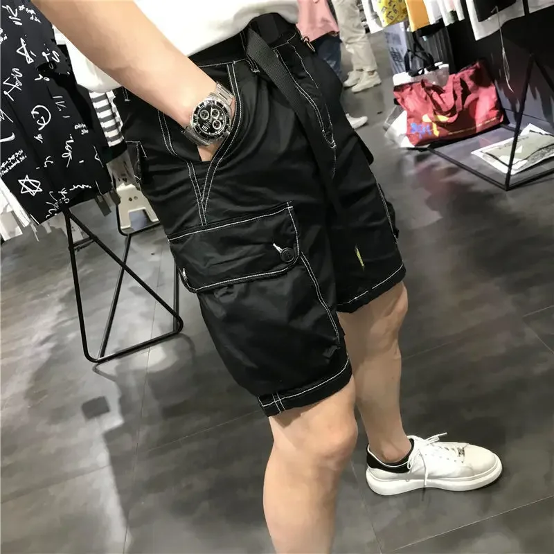 주머니가 있는 남성용 버뮤다 짧은 바지, 단추 카고 반바지, 블랙 하프 옴므 Jorts 헤비 화이트, 디자이너 럭셔리 Y2k 신제품