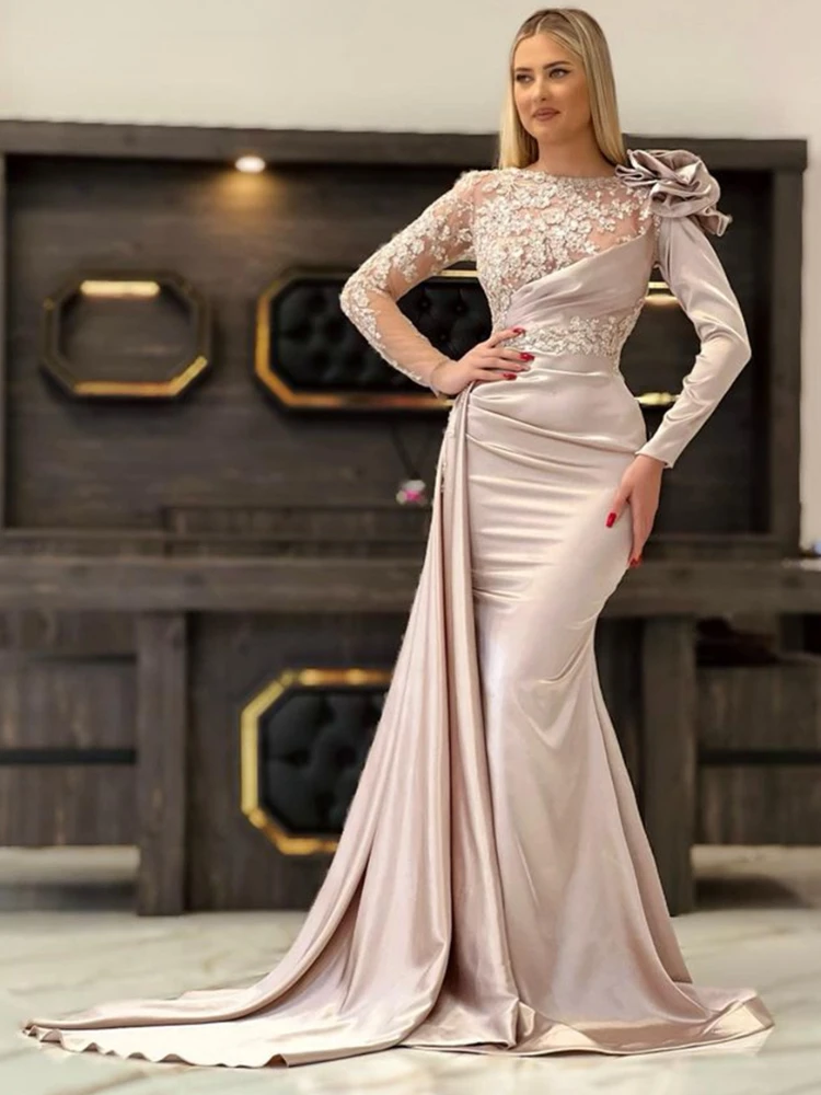 

Beaded 3D Flowers Evening Dress with Long Sleeves Elegant Saudi Arabia Women Prom Party Dress Mermaid Celebrity Party Gown