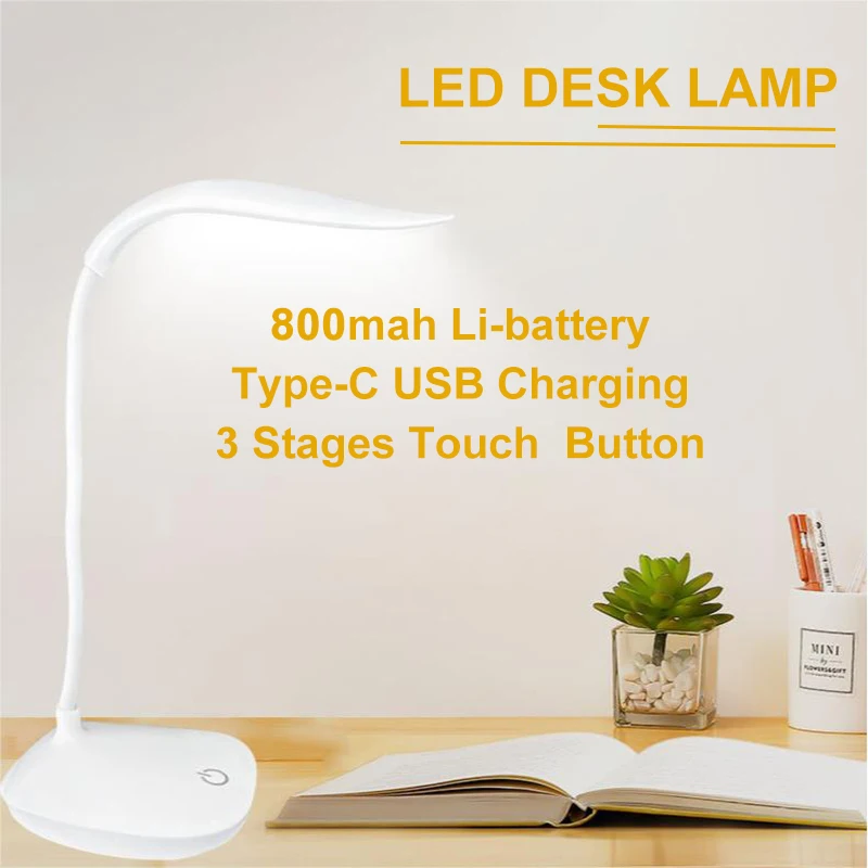 LED Desk Lamp Folding Eye Protection Reading Light Dimmable Touch Switch Type-c Rechargable Battery