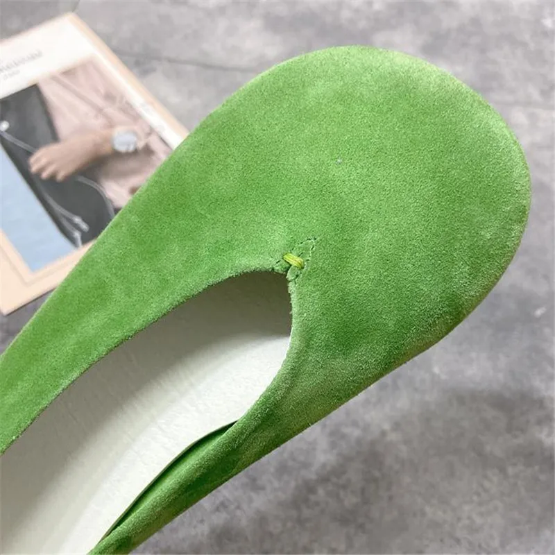 Green High Quality Abrasive Leather Beanie Flat Women Shoes Single Shoes Solid Color Simple Round Toe Maternity Shoes Size 35-40