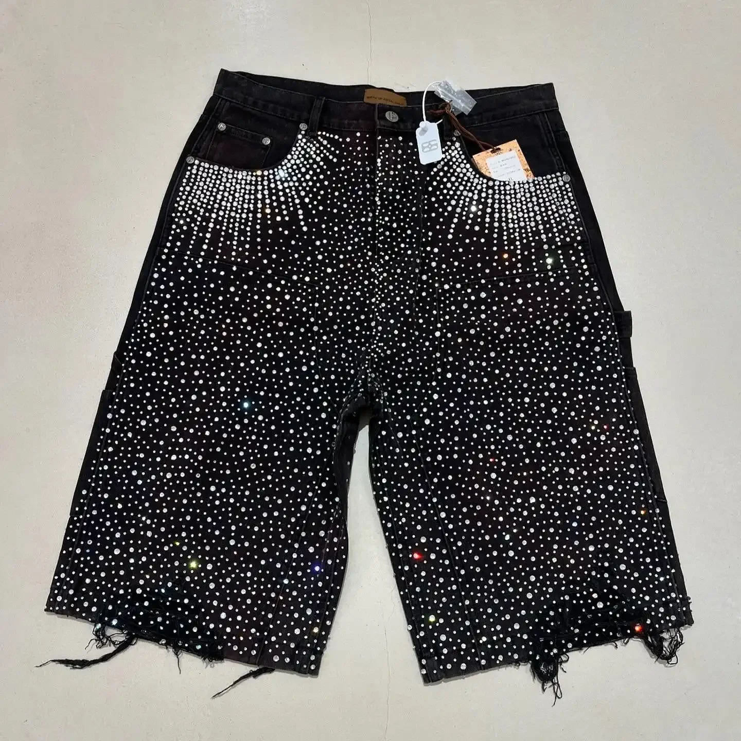 Streetwear Mens Vintage Rhinestone Sequin Denim Shorts Y2K Jeans
