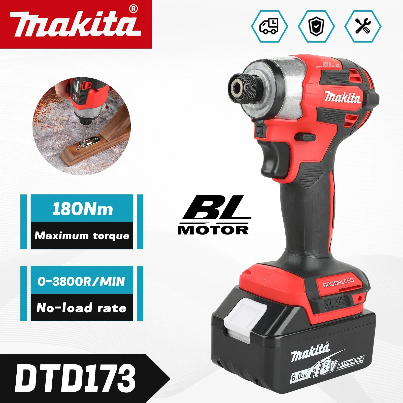 Makita DTD173 18V 무선 임팩트 드라이버 3600rpm 180Nm 브러시리스 모터 T-모드 목재 금속 볼트 고정 전동 공구