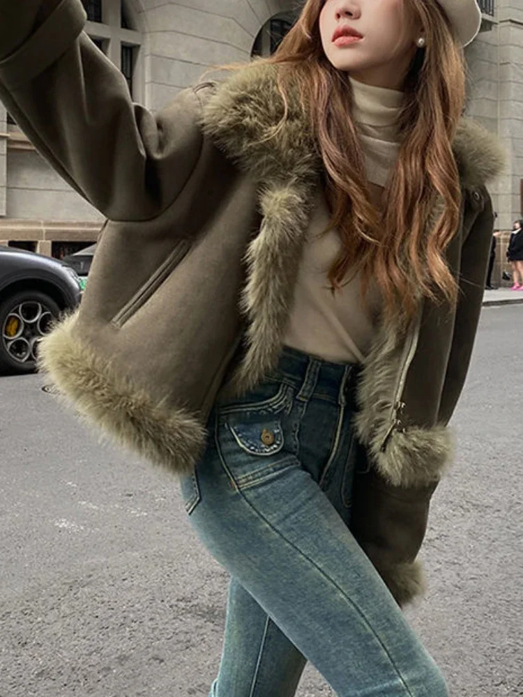 Shearling Faux Fur Suede Biker Jacket Winter Warm Faux Suede