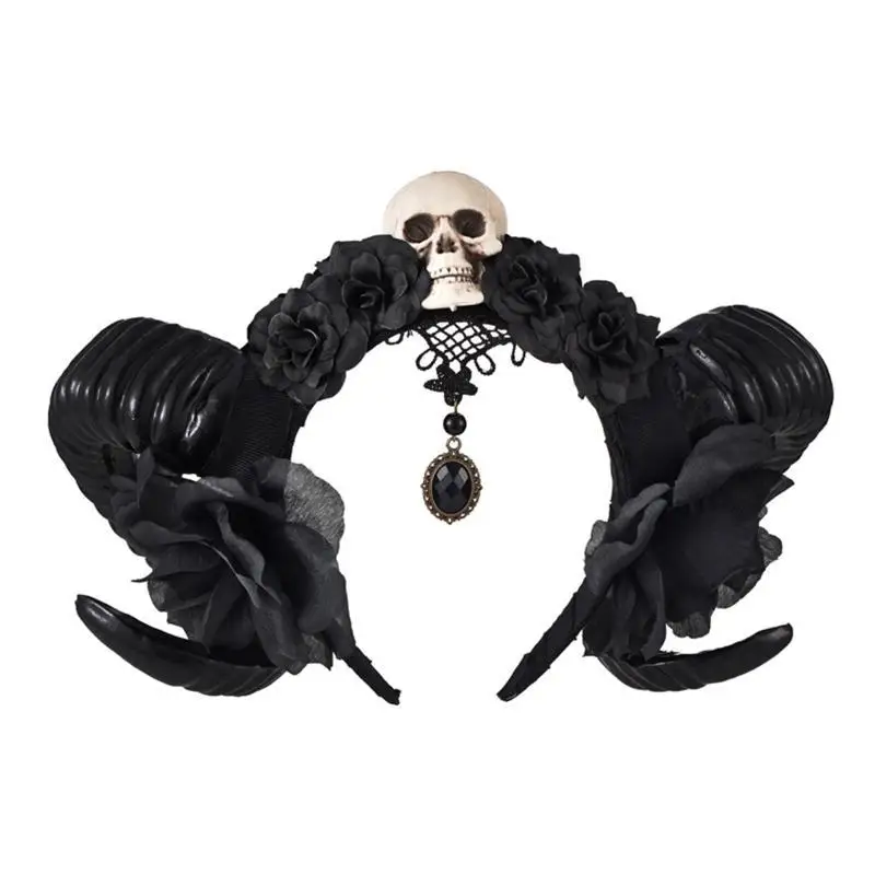 39BD Halloween Feder Schaf Horn Haarreifen Böse Königin Haarband Cosplay Kostüm Magische Hexe Kopfbedeckung Zubehör für Mädchen – Detail 10