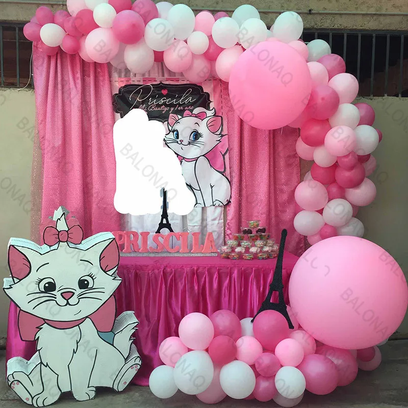 

1set Disney Pink Marie Cat Balloons Arch Garland Kit Age 3 4 5th Birthday Party Decorations White Peach Latex Balls Air Globos