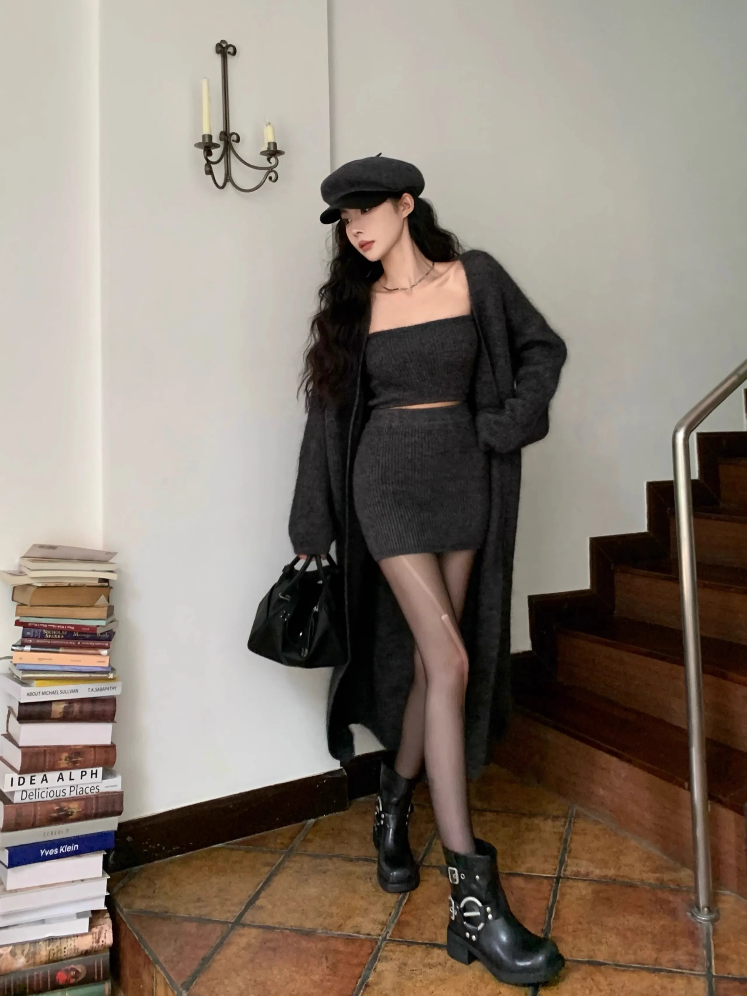 Autumn Winter New Knitted 3-piece Skirt Set Women Solid Long Cardigan Strapless Crop Top Mini Skirt Y2K Korean Chic Knitwear New