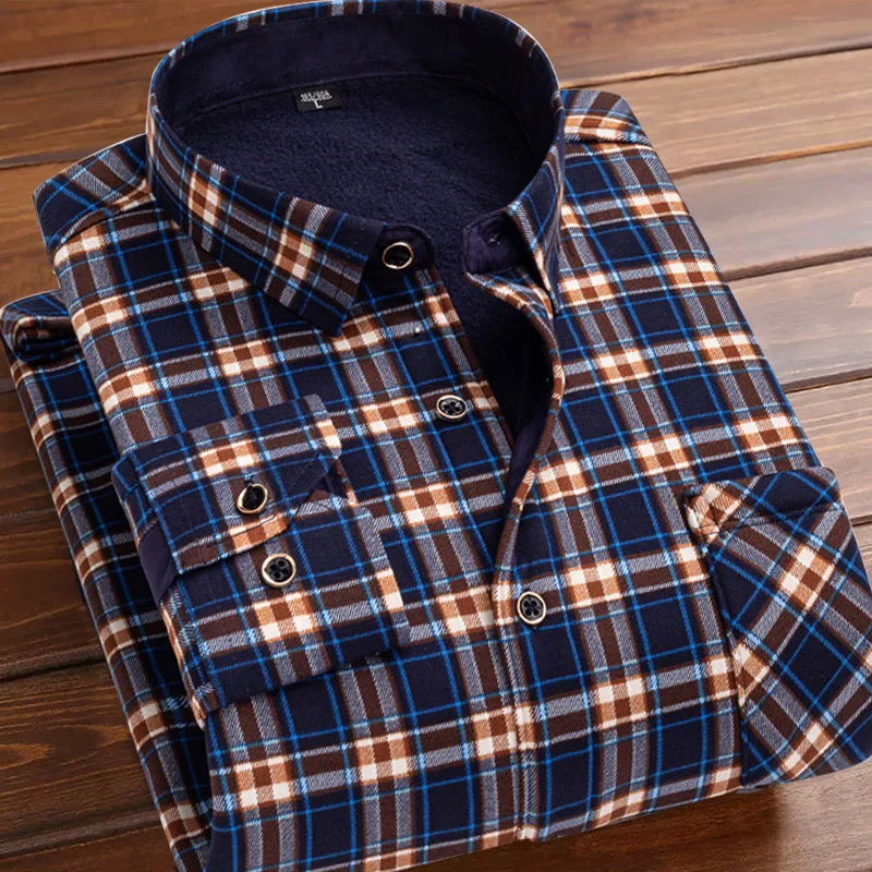 2023 Autumn and Winter New Men\'s Classic Fashion Casual Slim Long-Sleeved Shirt Men\'s Plus Fleece Thickened Warm Plaid Shirt 5XL