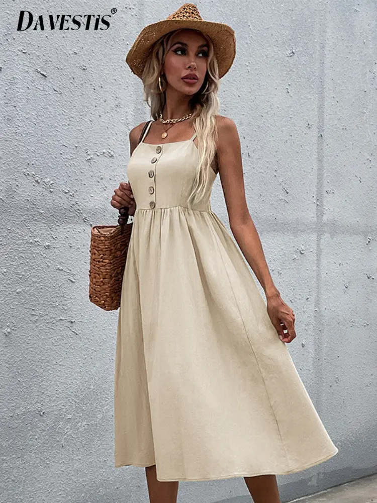 

Green Cotton Linen Sling Dress Women 2023 Summer Fashion Solid Color Strapless Dresses for Women Holiday Wind Casual Dress