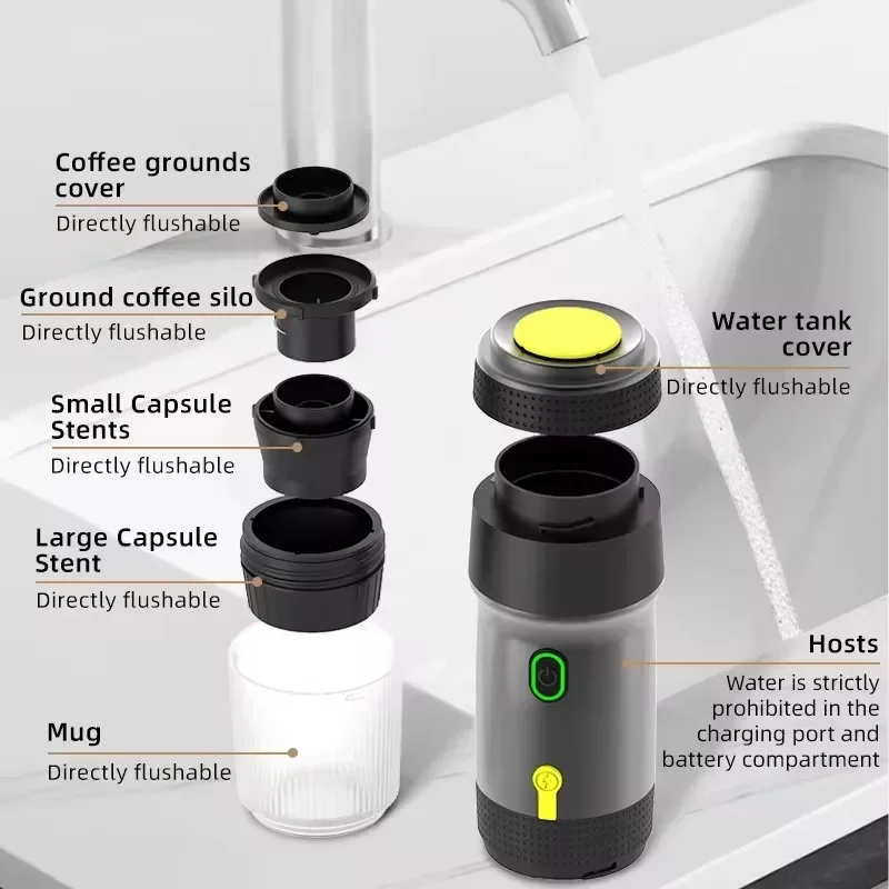 Wireless Electric Portable Espresso Coffee Machine for Car & Home Camping Coffee Maker 3-in-1 Capsule Powder Travel Coffee Maker 6