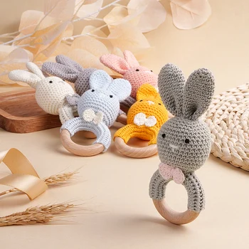 TYRY.HU Baby Small Rabbit Wood Rattle Wooden Teether Mobile Pram Crib Ring DIY Crochet Rattle Soother Bracelet Teether BPA Free 1