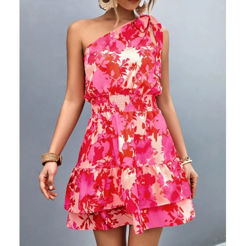 

2024 New Women's Oblique Shoulder Dress Fashion Flower Print Ruffled Splicing Short Dress Female Vestidos De Mujer Casual Robe