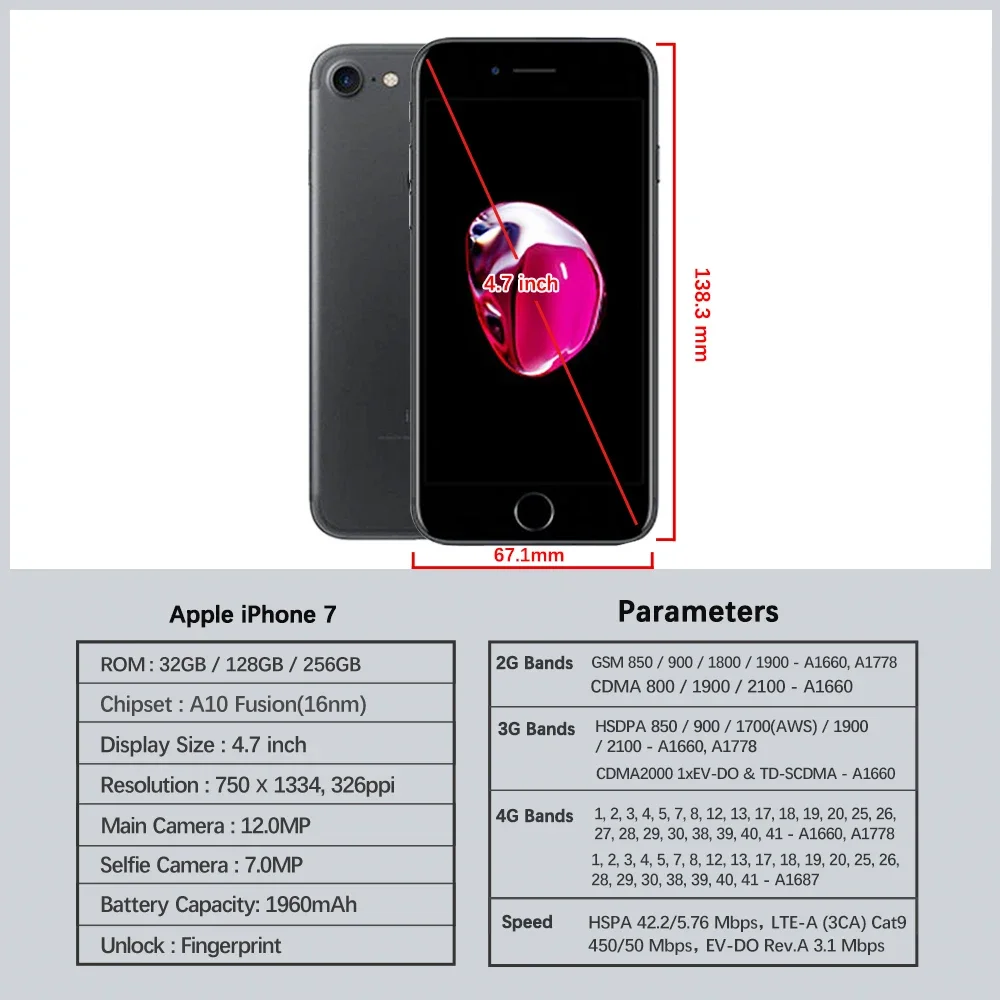Original Apple iPhone 7 4G LTE Cell Phone 4.7'' Retina 32GB/128GB/256GB ROM Fingerprint A10 Fusion Chip Quad Core Smartphone