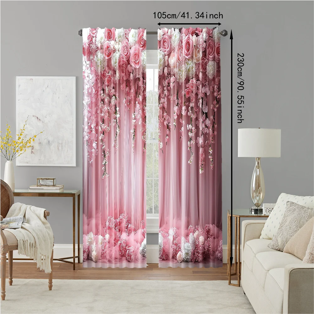 2 pcs, versatile polyester transparent curtains for home decoration Pink Floral for use in bedrooms and living rooms 4