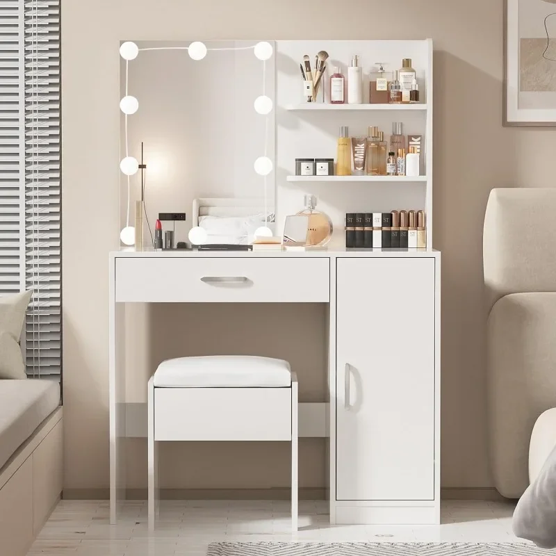 

Makeup Vanity with Lights, Vanity Desk with Mirror and Lights Set, Large Drawer and Two-Tier Lots Storage Cabinet Dresser