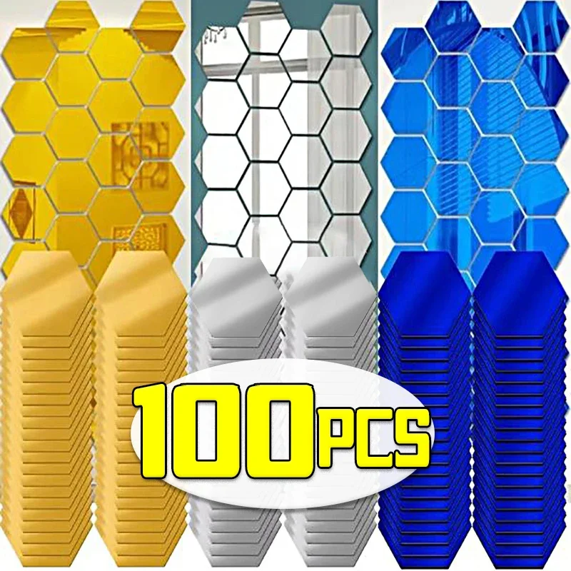 3D Mirror Wall Sticker Hexagon Acrylic Mirror Removable Self-adhesive Gold Silver Solid Paster 100/1x For Room Decor