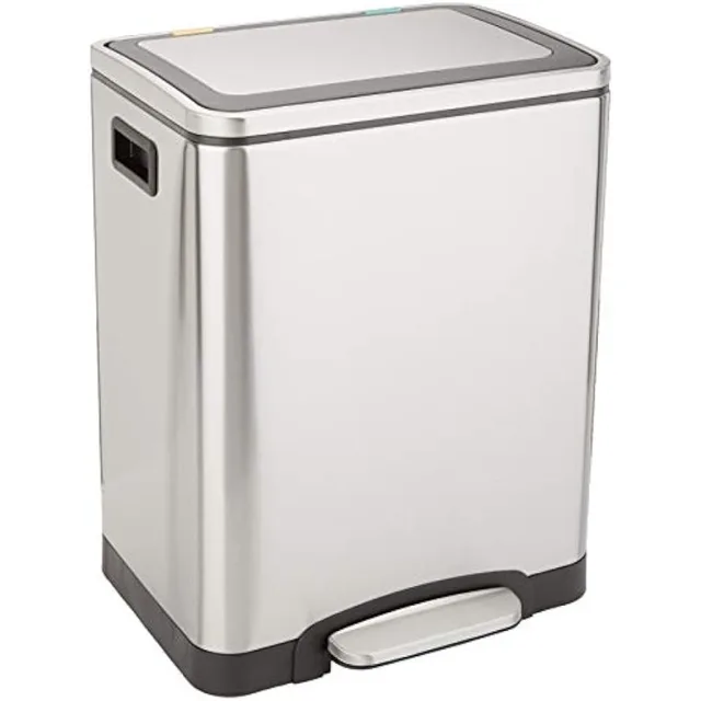 Soft-Close Foot Pedal, 30-Liter (2 x 15 Liter Interior Bins), Brushed Stainless Steel, Suitable for 1 or 2 People