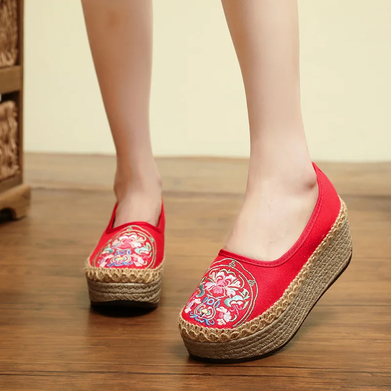 

Shoes Woman Flats Clogs Platform Autumn Shallow Mouth Dress Summer New Creepers Fall Med Embroider Floral PU Ethnic Fabric
