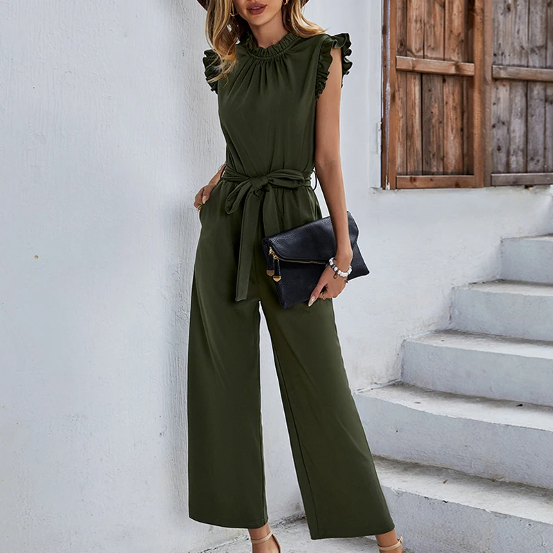 

Stand Collar Ruffle Sleeveless Women Jumpsuits 2023 Flying Sleeve Casual Outfit Loose Pleat Sashes Jumpsuit Women Elegance 28717