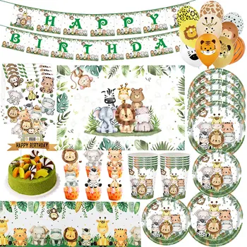 Animali della giungla Decorazione di compleanno Stoviglie Bicchieri di carta Piatto Tovagliolo Tovaglia Palloncino Banner Set per feste di compleanno Decorazioni 1