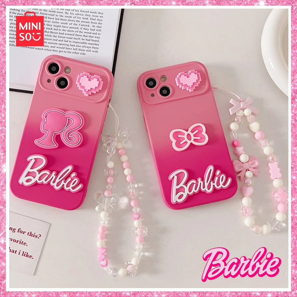 2023 New Miniso Barbie Rose Red English Bow Crystal Pendant Iphone 15Promax/14/11/12/13 Soft Case Girl Christmas Birthday Gift