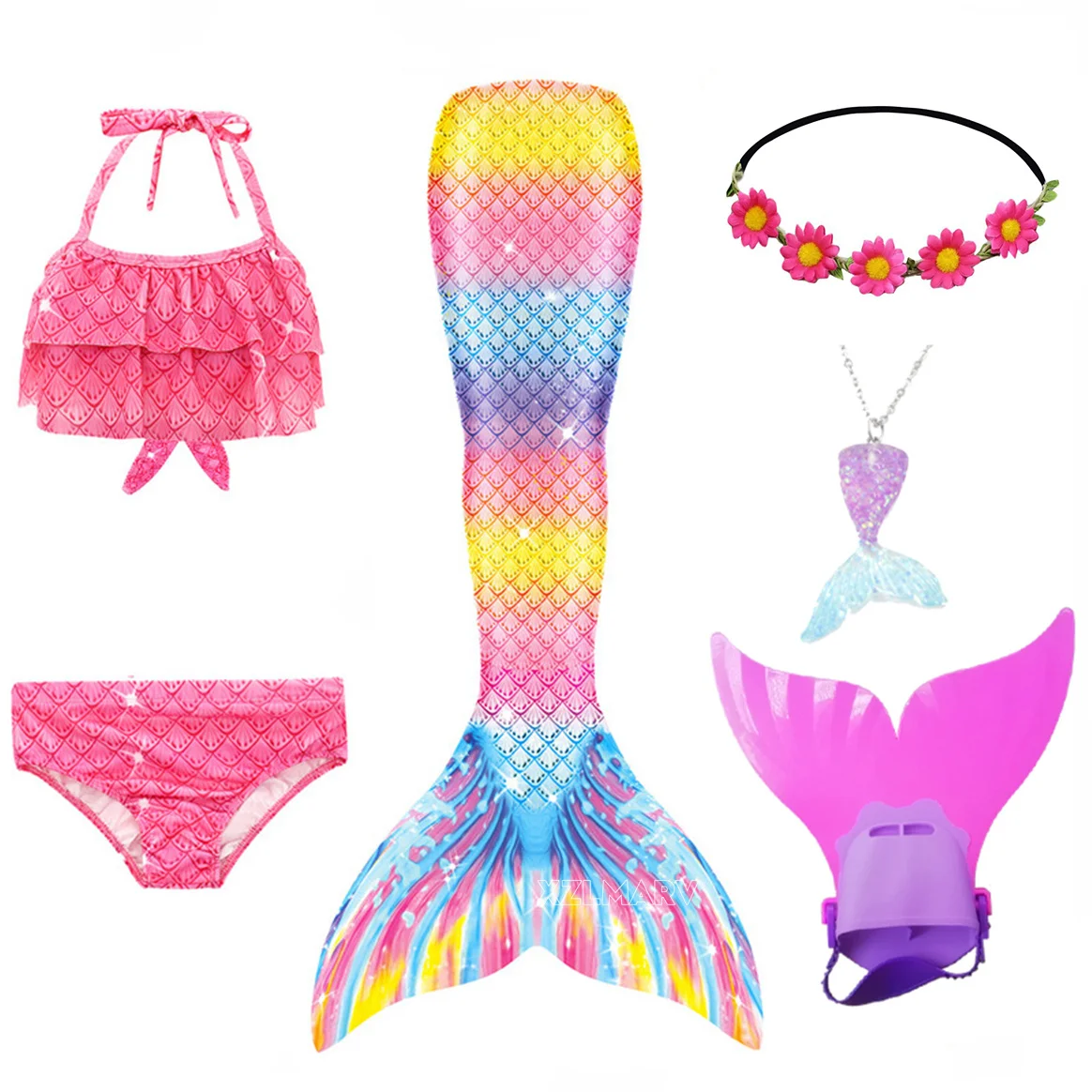 6Pcs/set Kids Girls Swimming Mermaid tail Monofin Fin Mermaid Costume Cosplay Children Christmas Gift Fantasy Swimsuit