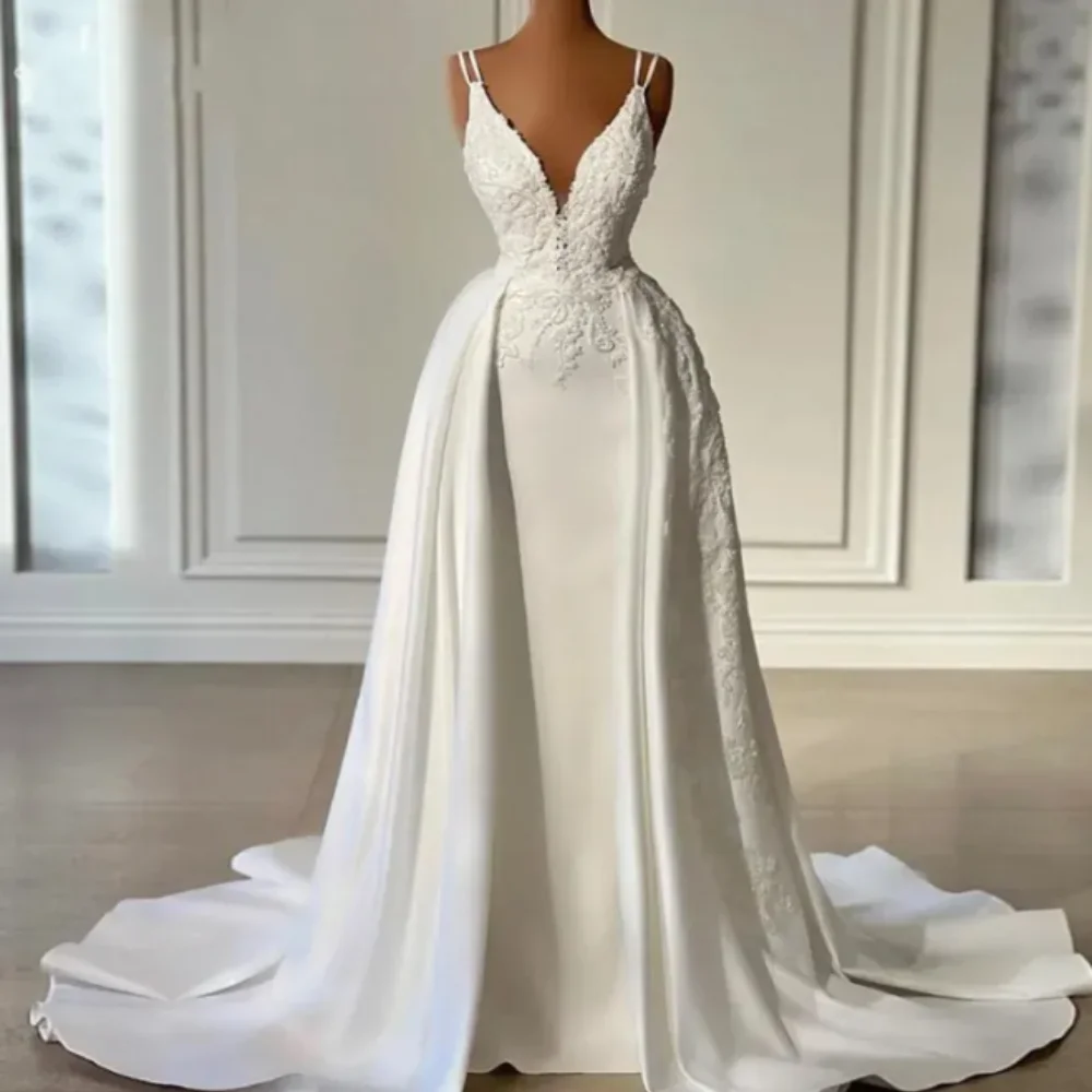 

2024 Elegant Wedding Dresses V Neck Mermaid Satin Bridal Gowns with Detachable Train Beaded Lace Arabic Dubai Vestidos De Noiva