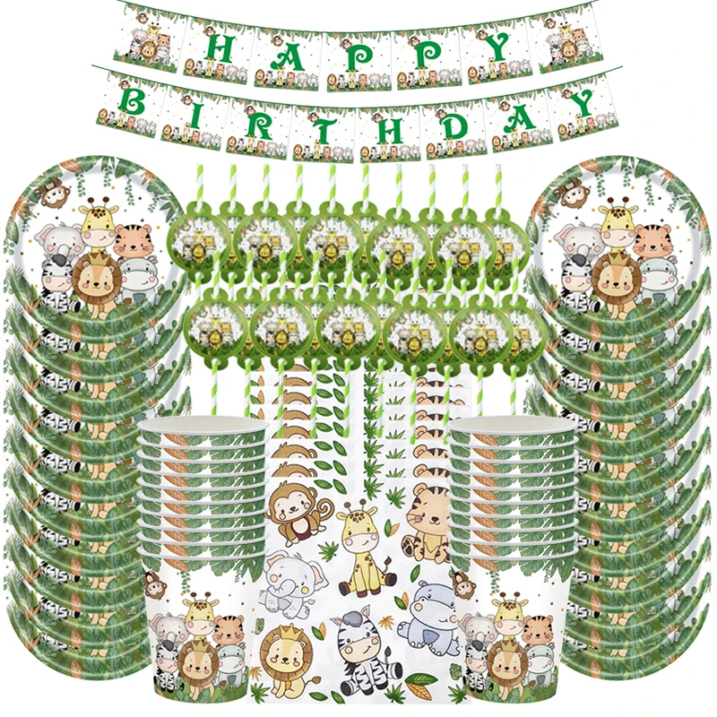 

81pcs Jungle Animal Tableware Set Paper Plates Cups Napkins Banner For Kids Birthday Party Decorations Forest Safari Theme Party