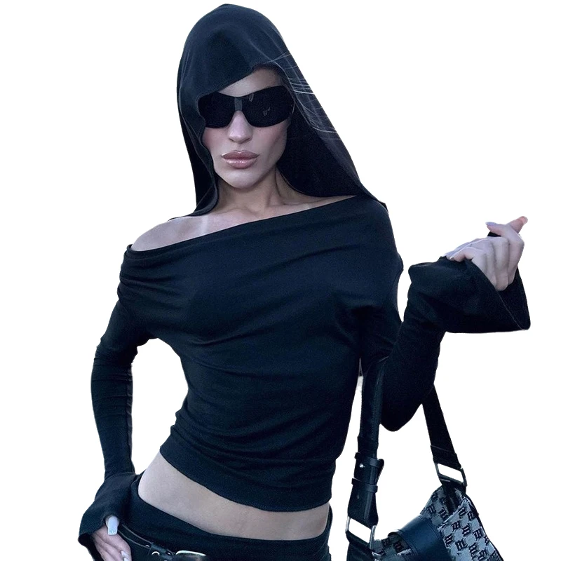 New Fashion V-neck Women's Horn Long-sleeved T-shirt Spring and Autumn Slim-fit Solid Color Hooded Black Short Top 5509
