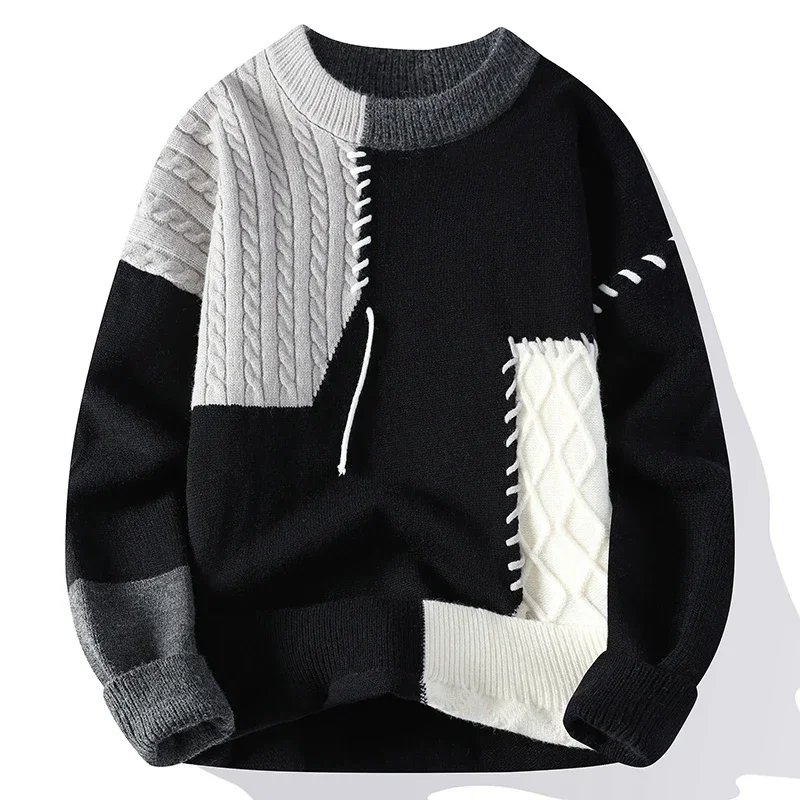 2024 New Male Patchwork Sweater Trend High Street Fashion Autumn and Winter Warm Mens Hip-hop Street Clothing Men pullover shirt 4
