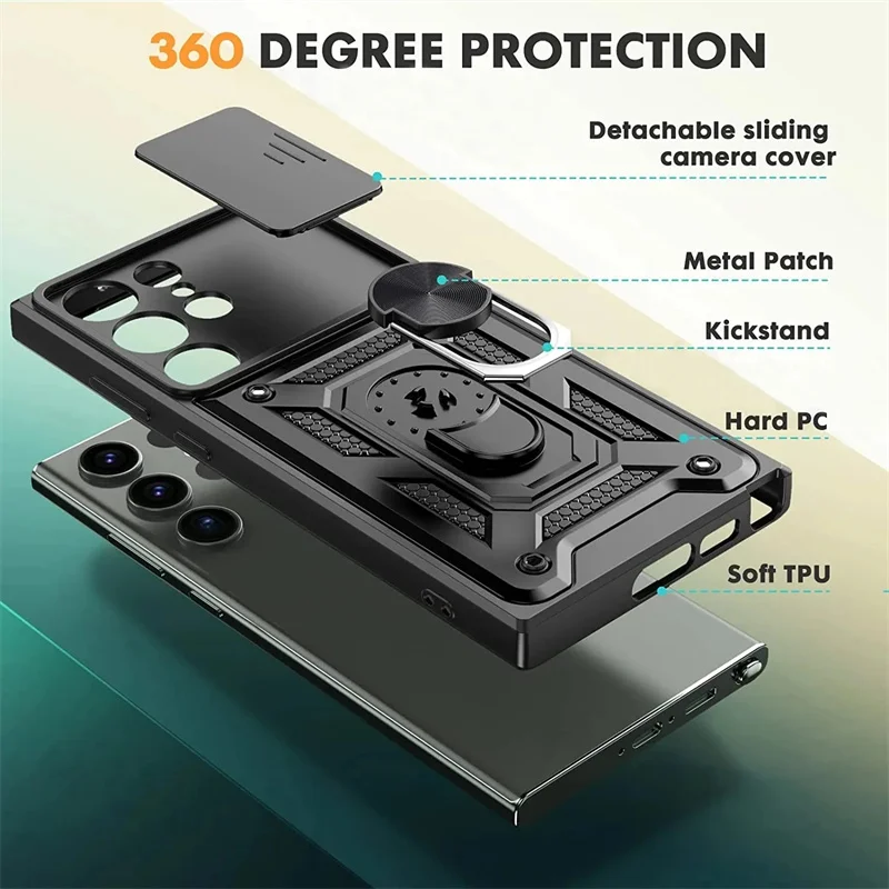 Rotating Slide Camera Lens Military Grade Armor Phone Case with Stand Cover