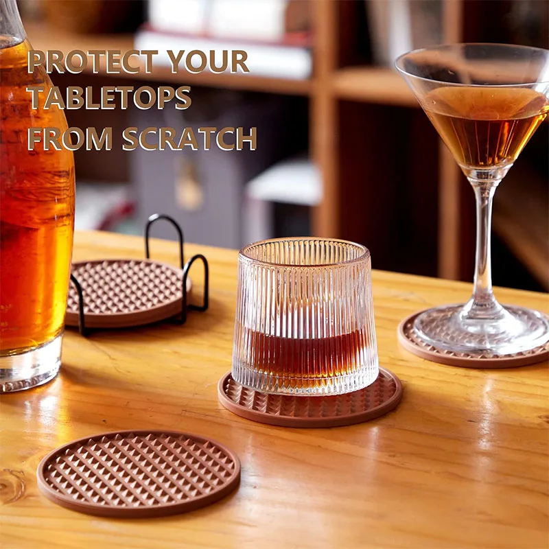 6PCS Silicone Coasters with Stand Tabletop Non-slip Drink Coasters Dishwasher-safe Heat-resistant