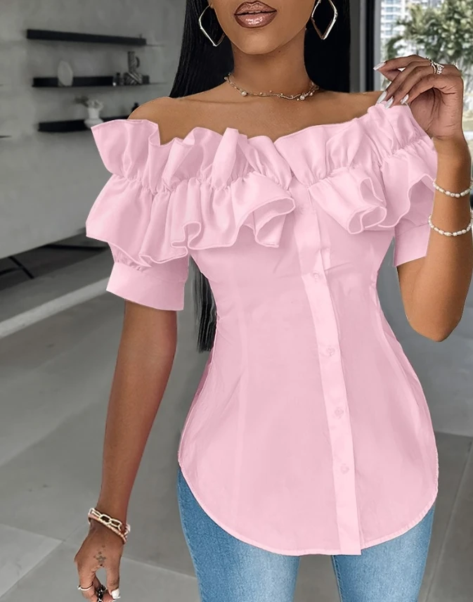 

Women Top Summer Temperament Commuting Female Fashion Buttoned Ruffles Asymmetrical Hem Off Shoulder Casual Short Sleeve Blouses