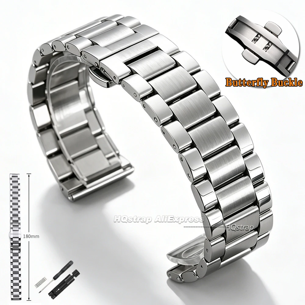 Elegant Stainless Steel Watch Band with Butterfly Clasp - Universal Fit Wrist Bracelet