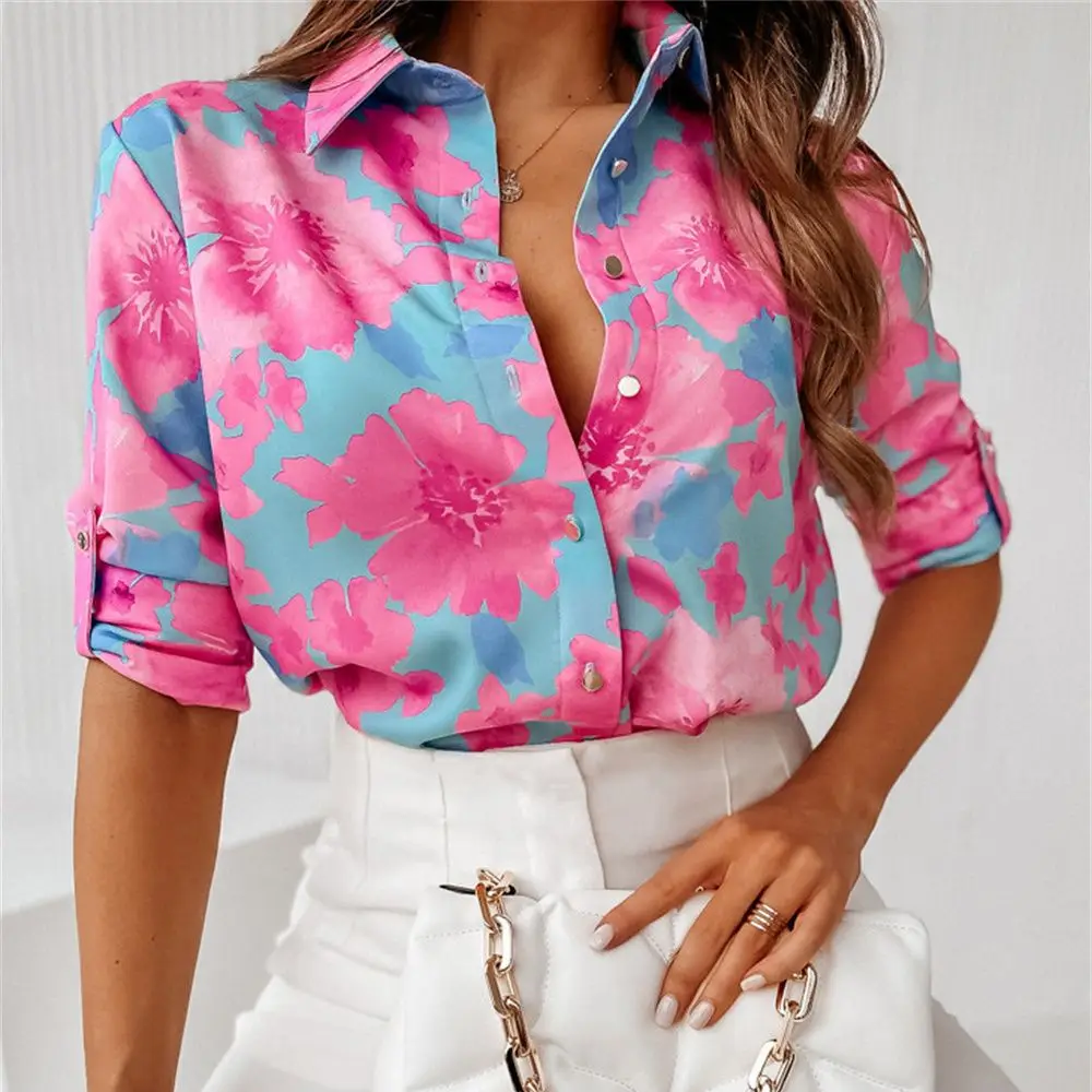 

Fashion Cherry Blossom Powder Print Shirt Women's Korean Flower Blouse Elegant Spring Polo Long Sleeve Single Breasted Office