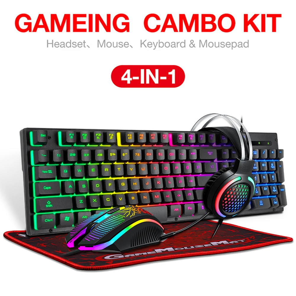 

4 In 1 Gaming Keyboard Mouse Headphone LED Breathing Backlight Ergonomics Combos USB Wired Full Key Professional Mouse Keyboard