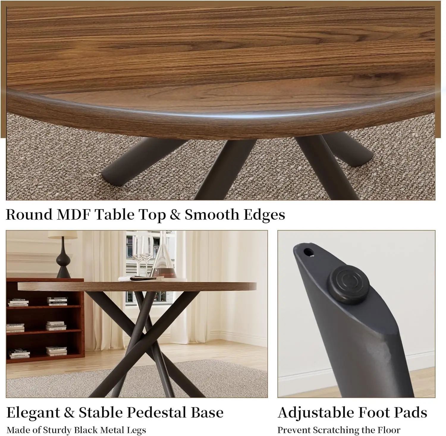 45.3'' Walnut Round Dining Table Set for 4, Mid Century Modern Small Coffee Set for Dining Room Kitchen Apartment